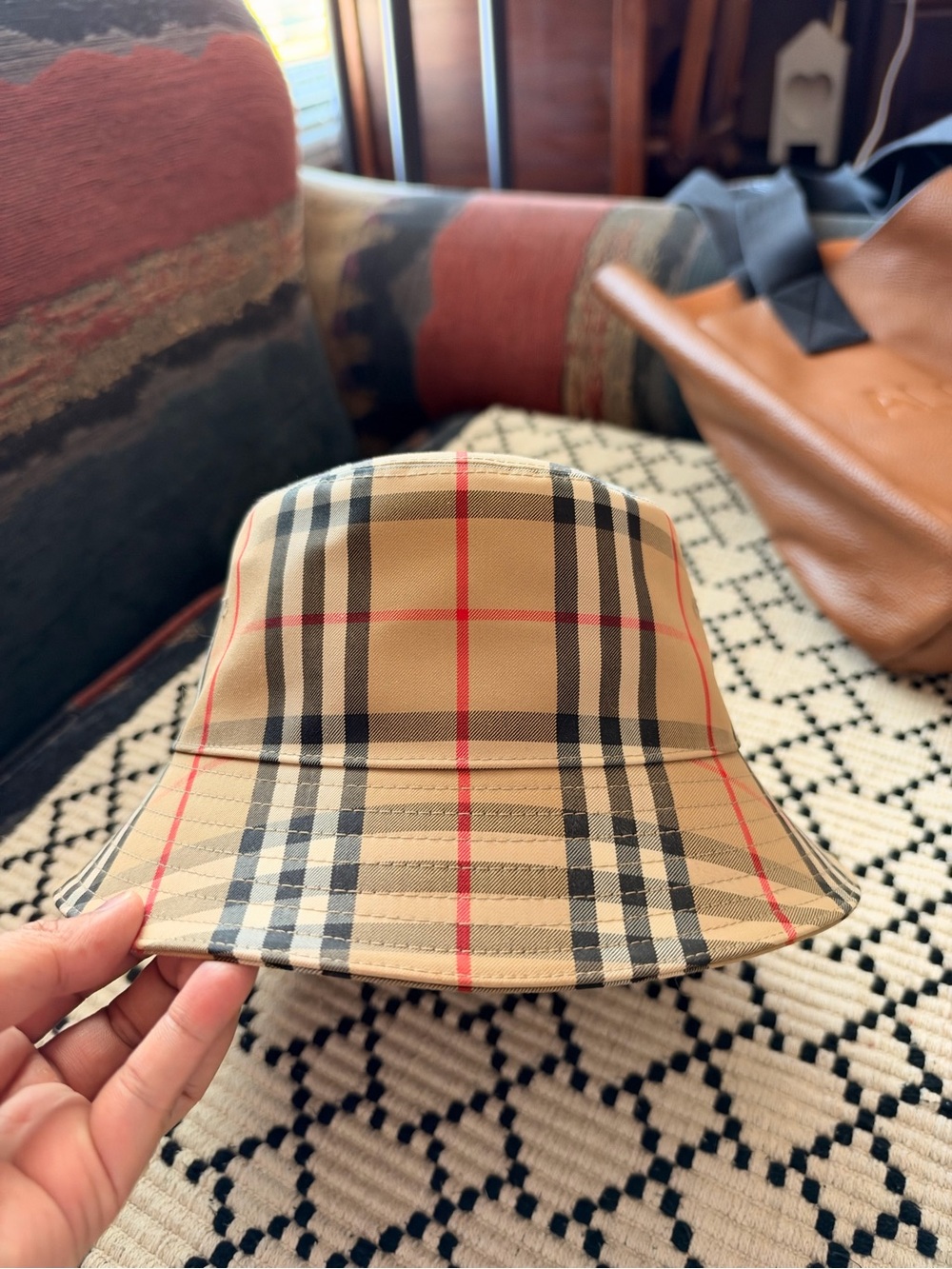 Burberry Beige Plaid Bucket Hat with Red and Black Stripes